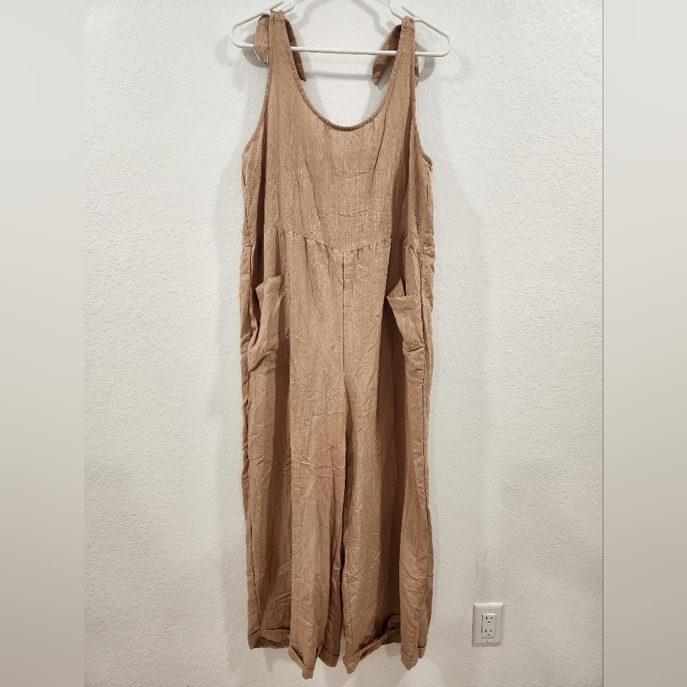 Dainty Hooligan Tan Linen-Blend Jumpsuit with Wide-Leg Design